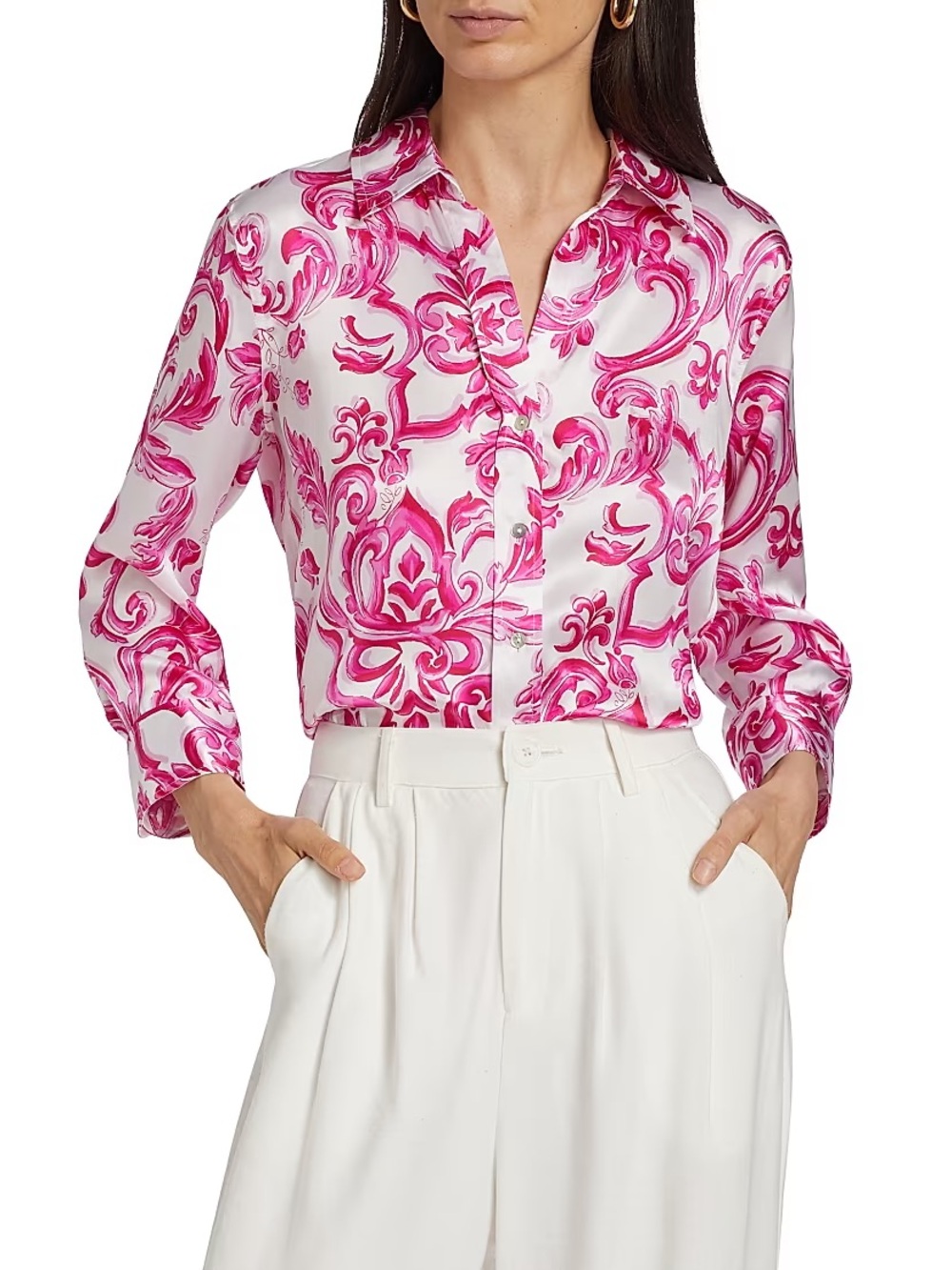 L'AGENCE Silk Dani blouse Mediterranean tile print Button-Up Top Pink White